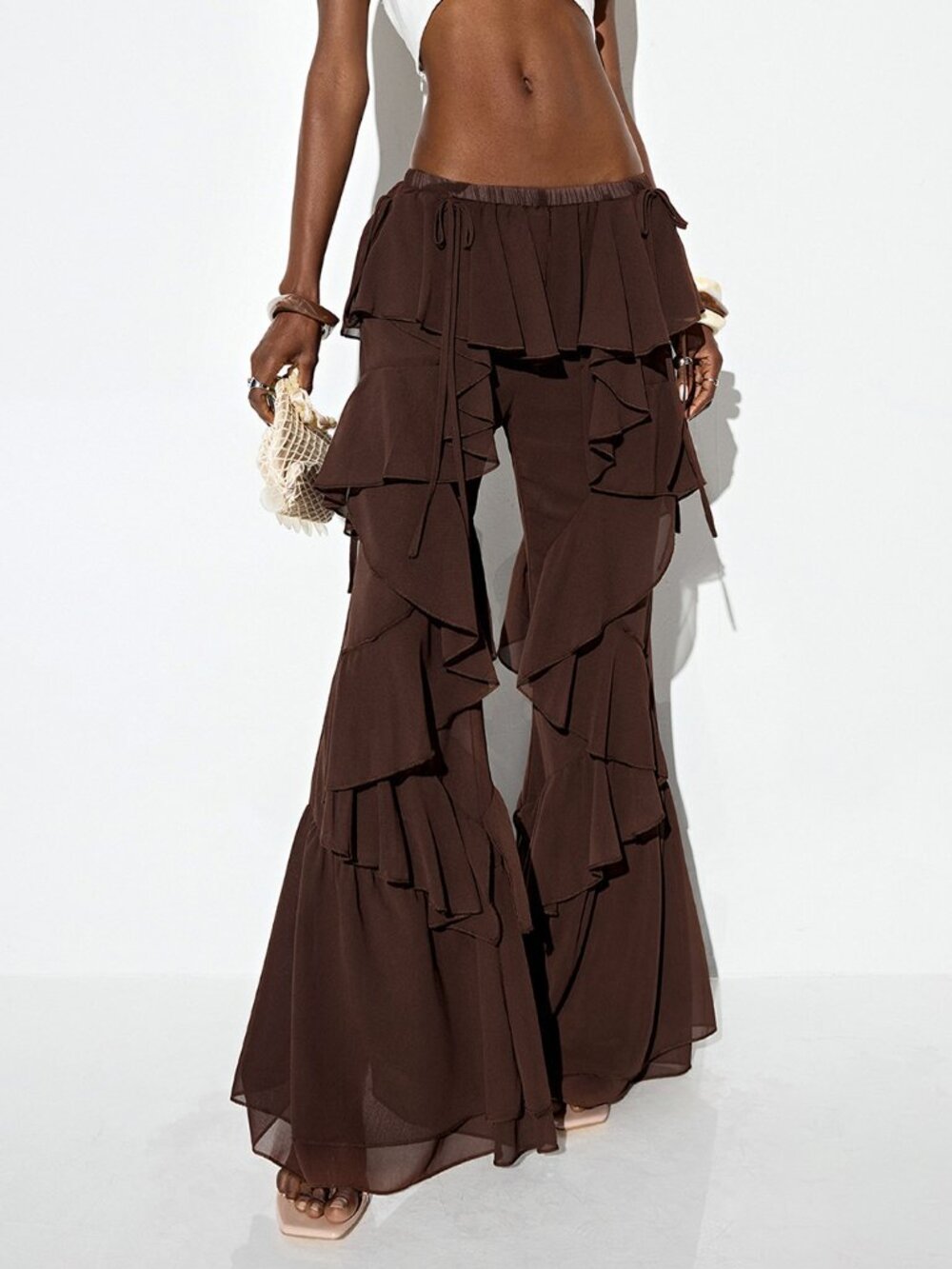 Coffee Brown Casual Women's Chiffon Low-Waisted Pants - Picture 6 of 8